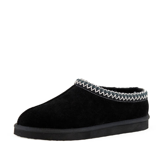 Cozy women's suede slippers with fur trim and contrasting patterns for a stylish and comfortable casual look.