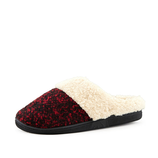 Cozy Wine Crumble Womens Slippers - Plush faux fur lined slippers in a chic wine-colored floral pattern, offering comfortable warmth and style for the fashion-conscious homeowner.