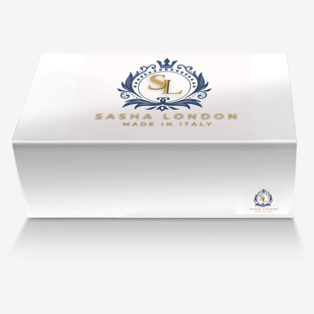 Elegant white box with navy blue and gold Sasha London logo, showcasing the premium Italian craftsmanship of the stylish Tawny Ankle Boot.