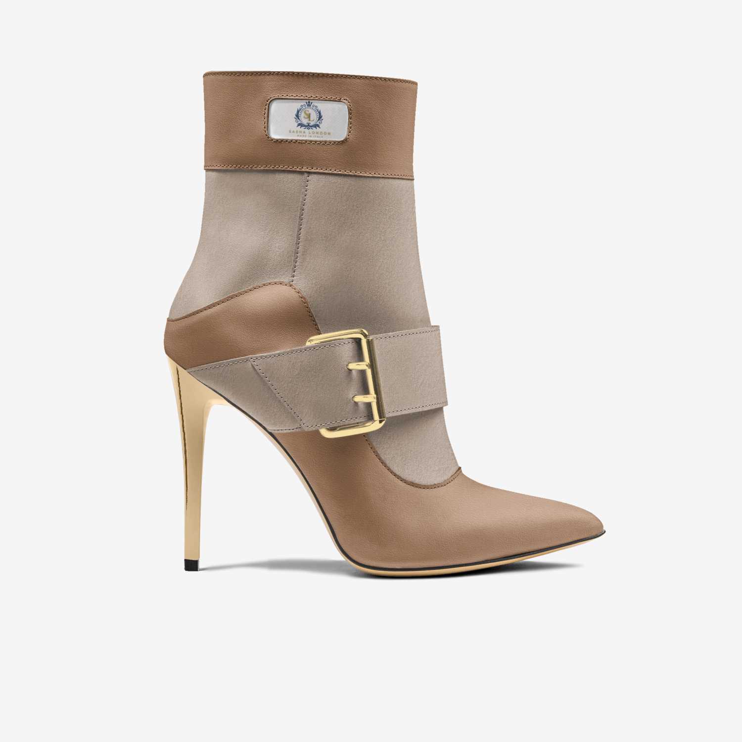 Stylish beige ankle boots with gold-toned metal hardware, pointed toe, and high stiletto heel. The boots feature a buckle accent at the ankle, showcasing the Sasha London brand logo.