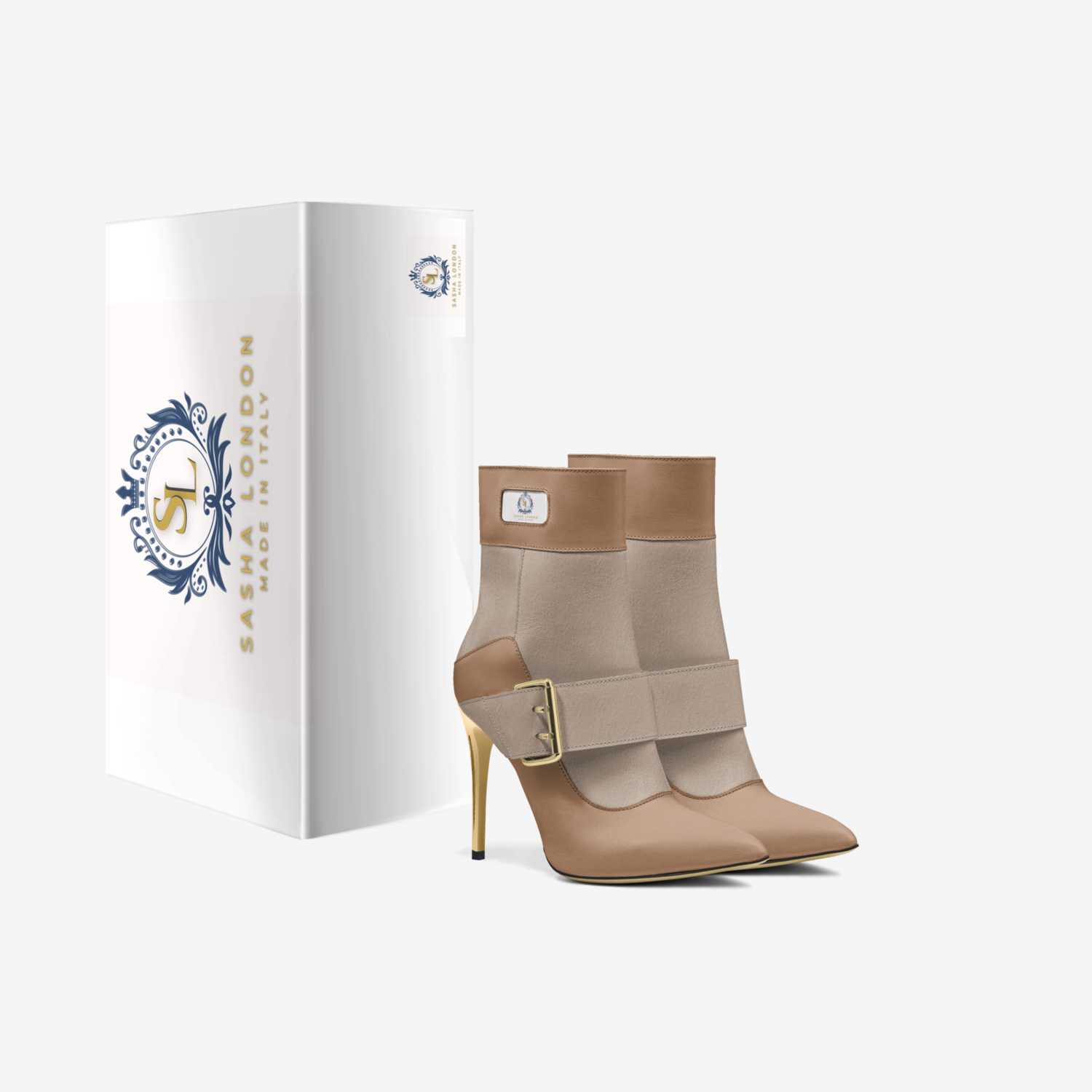 Elegant beige ankle boots with a stylish buckle detail, resting on a white background with decorative packaging.