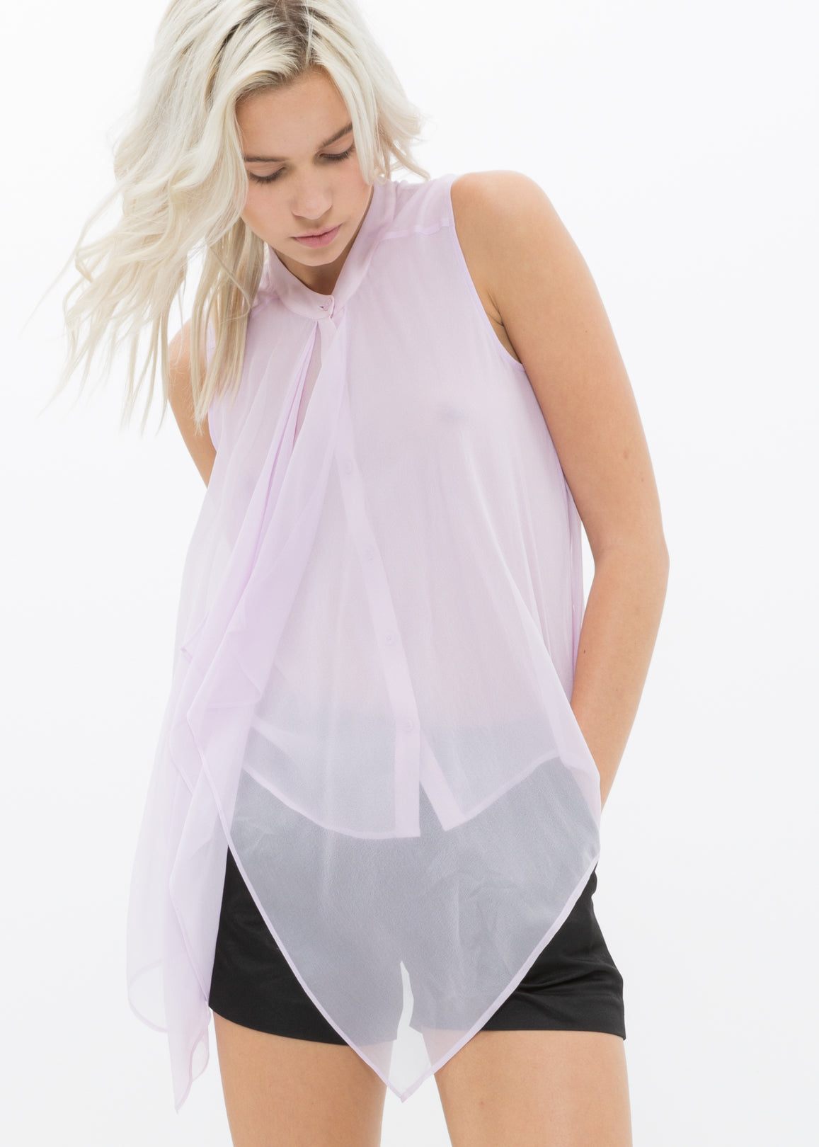 Elegant lavender sheer draped blouse from Lemon Hera's premium women's fashion collection, featuring a flowing, lightweight design for a stylish look.