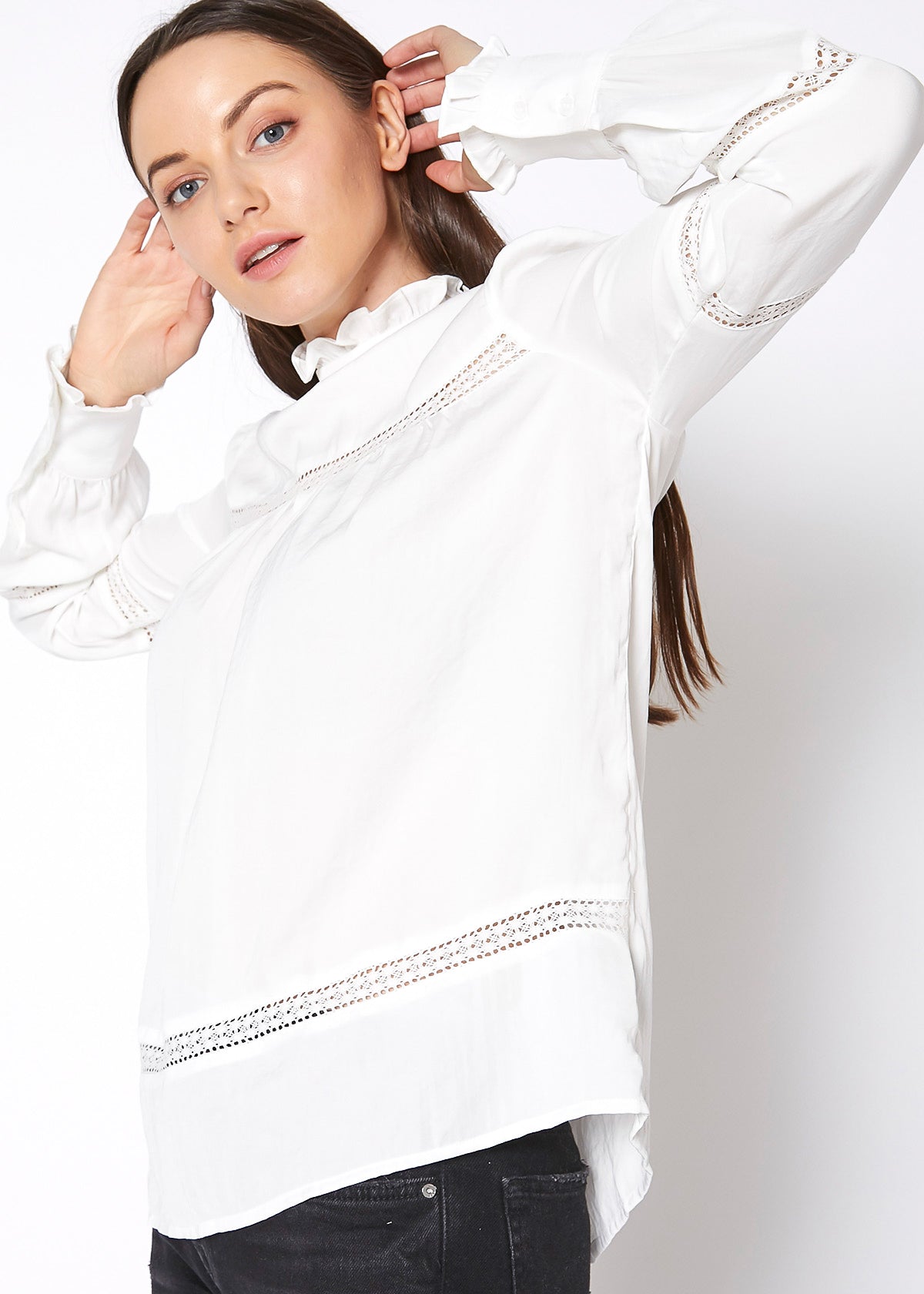 Women's white mock neck eyelet long sleeve top