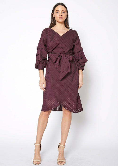 Elegant burgundy organza wrap dress with puff sleeves and a figure-flattering tie waist, perfect for any formal occasion.