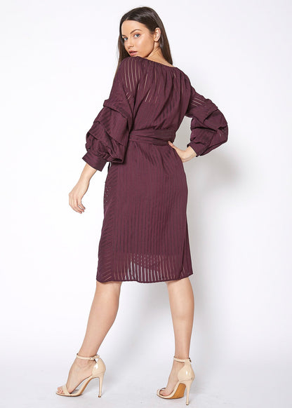 Elegant burgundy organza stripe wrap dress with voluminous puff sleeves and a pleated skirt, showcasing a sophisticated and stylish design.