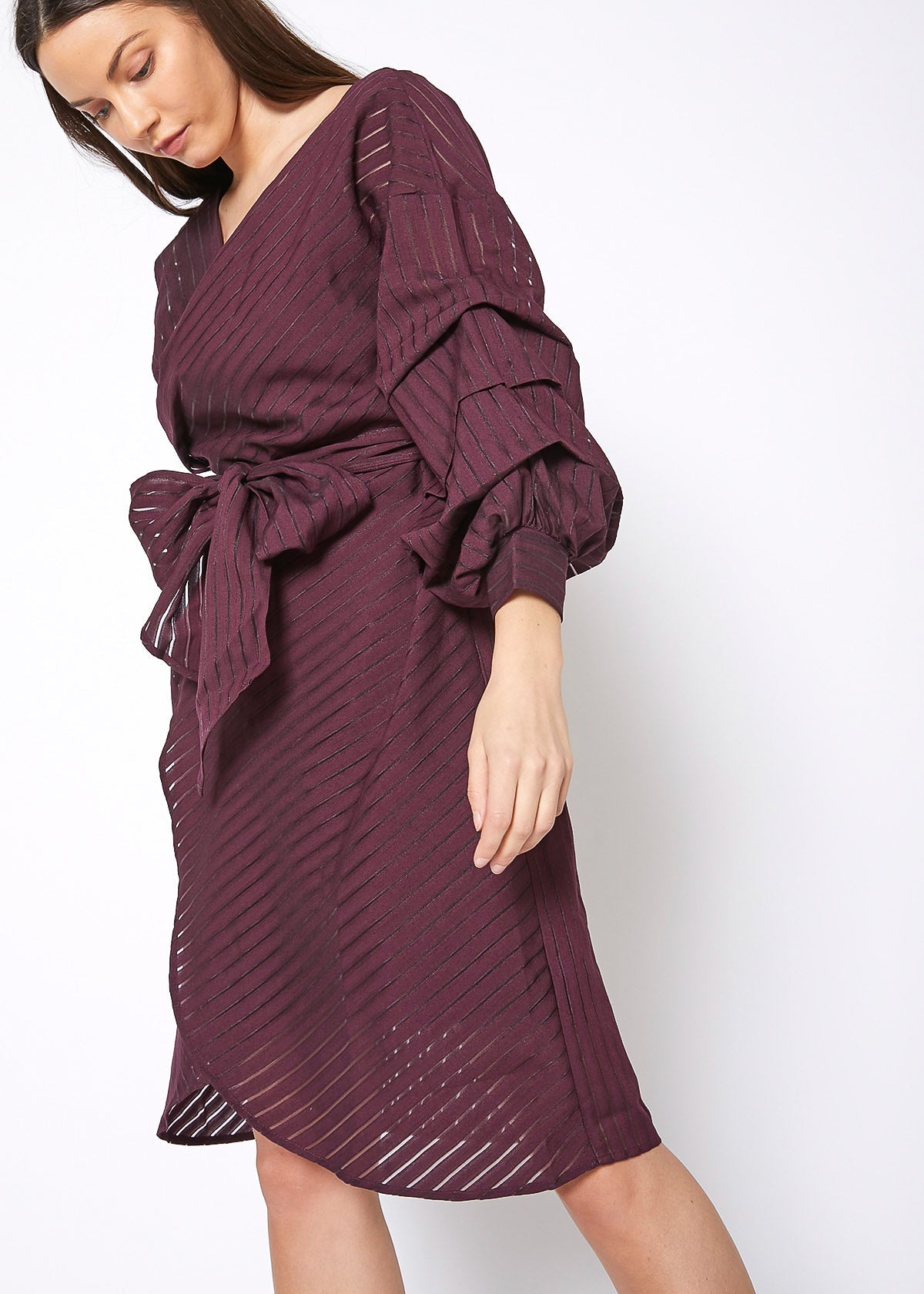 Elegant burgundy organza stripe wrap dress by Lemon Hera, featuring puff sleeves and a tied waist for a stylish, feminine look.