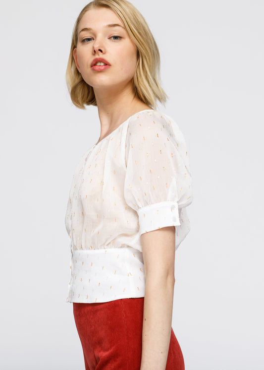 Sheer puff shoulder crop top blouse in white featuring embroidered details and a flattering silhouette.