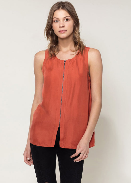 Vibrant sleeveless zip-up top, modern fashion design, ideal for a versatile wardrobe.