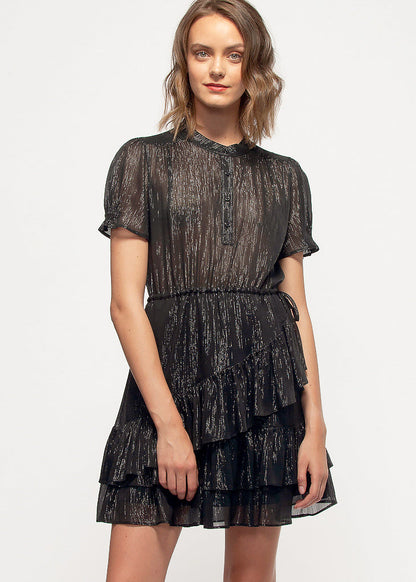 Elegant metallic dress with ruffled design, showcasing a stylish woman's fashion.