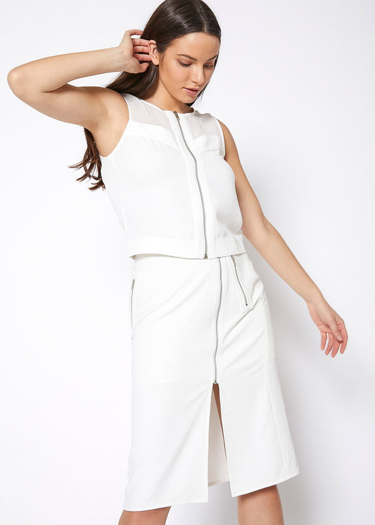 Sleeveless Zip Up Mesh Contrast Blouse In Ivory