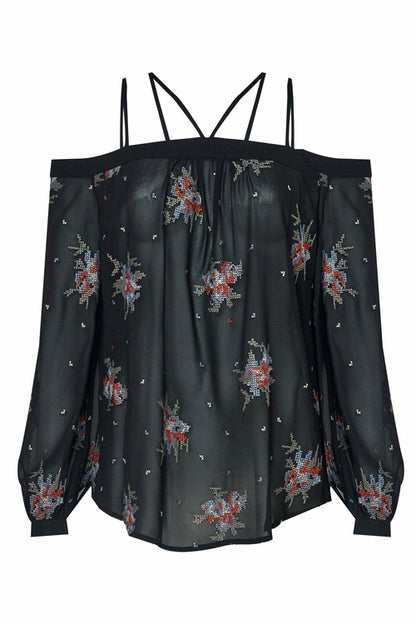 Elegant off-shoulder floral print blouse with embroidered details, featuring a black background and vibrant floral patterns.