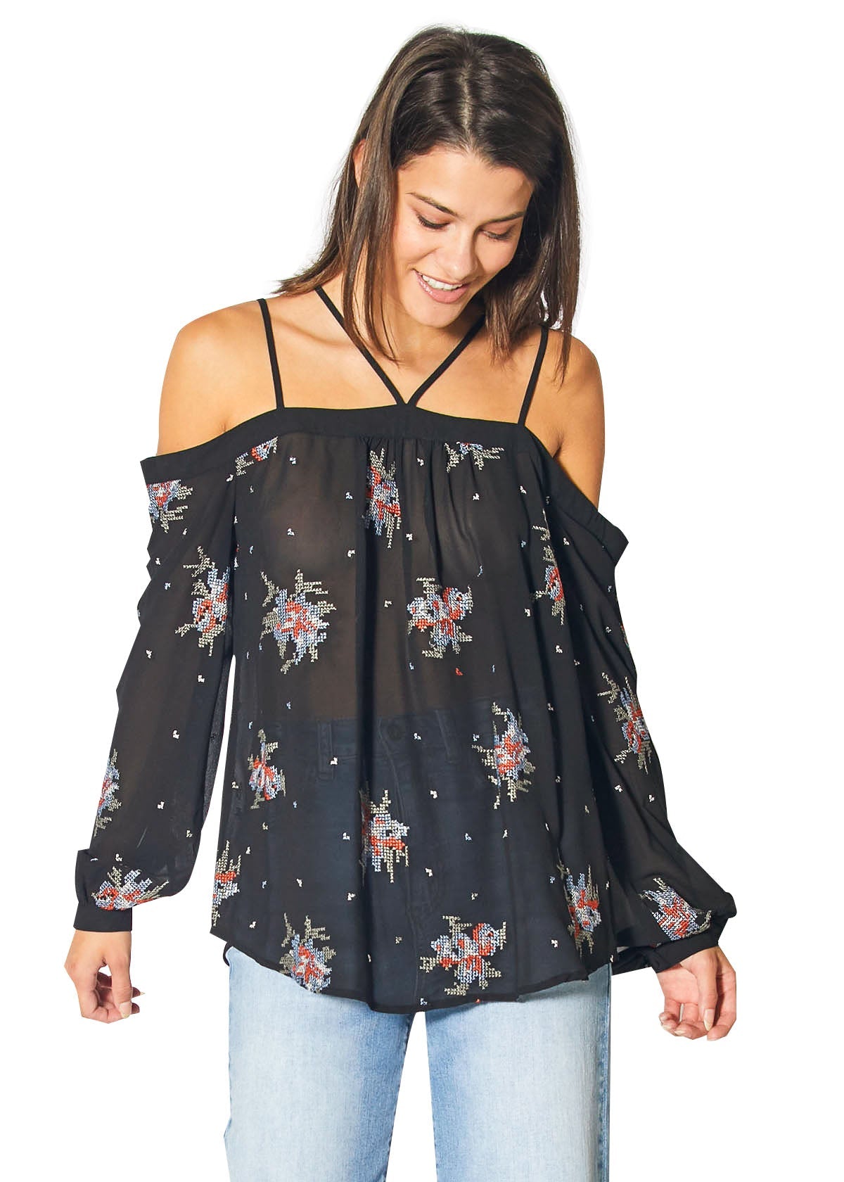 Floral embroidered off-shoulder blouse in black, showcasing feminine design and casual style for the modern woman.