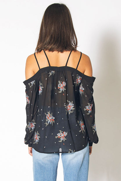 Off-Shoulder Floral Print Blouse in Black