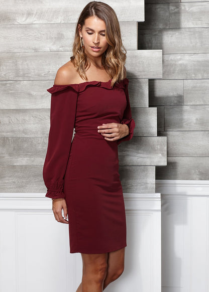 Stunning woman's off-shoulder burgundy bodycon dress with ruffle details, perfect for a night out.