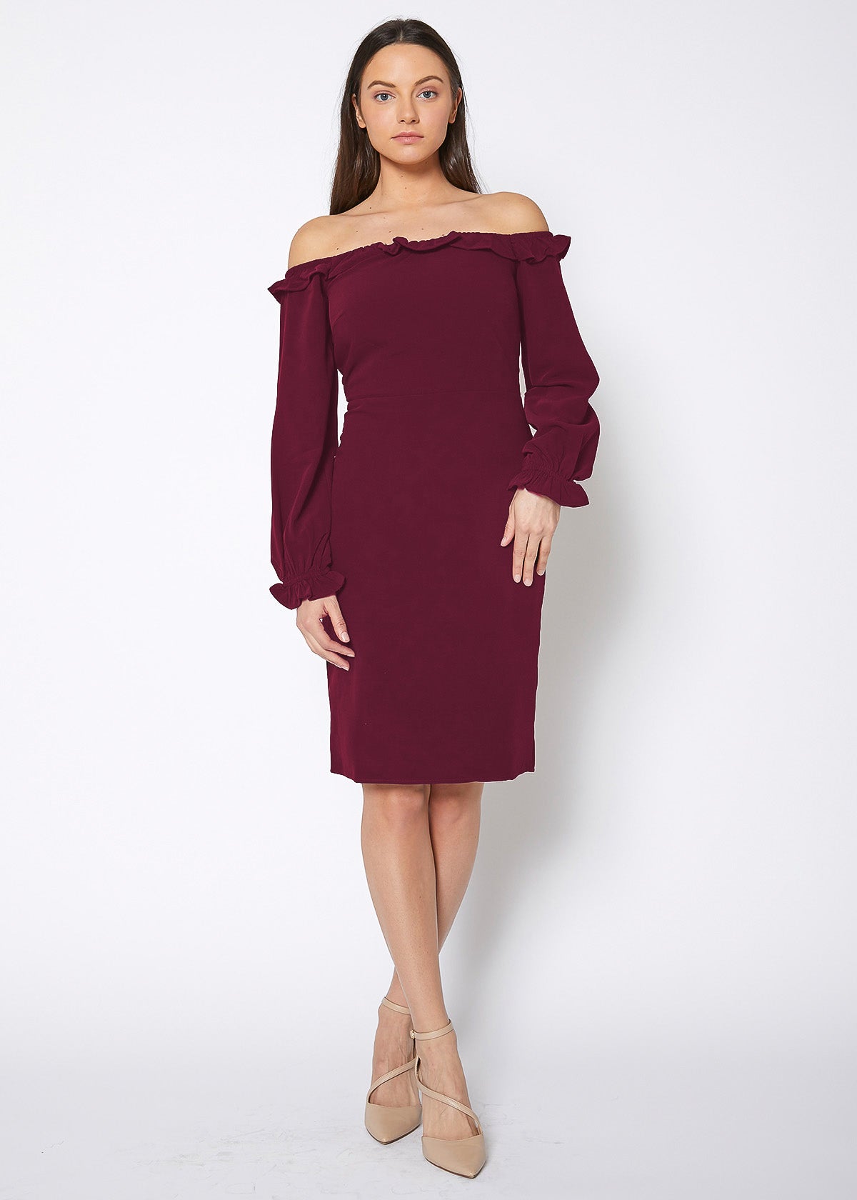 Elegant off-shoulder burgundy dress with flowing sleeves, fitted bodice, and knee-length skirt.