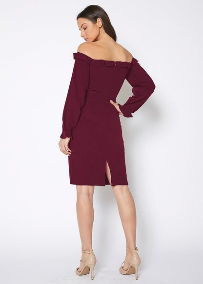 Chic and sophisticated off-shoulder bodycon dress in a rich burgundy hue, perfect for elegant occasions.