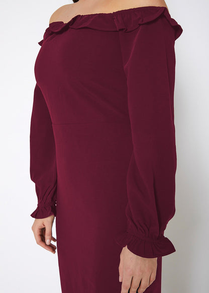 Elegant off-shoulder burgundy bodycon dress with ruffle detailing and long sleeves.