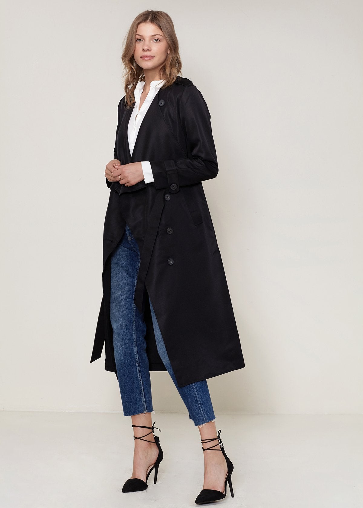 Ro & De Tie Waist Maxi Trench Coat In Black