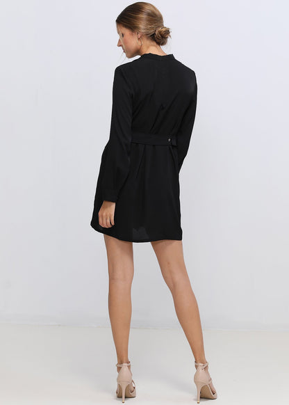 Elegant black wrap mini dress with a stand collar, shown against a plain white background.