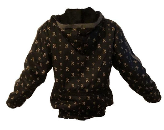 Stylish hooded jacket with an all-over monogram print design. The jacket has a cozy, plush lining and a zipper closure, making it a practical and fashionable cold-weather garment.