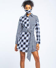 Load image into Gallery viewer, Stylish gingham shirt dress with matching face mask, featuring a collared neckline, long sleeves, and a tie waist detail, showcased on a young female model with curly hair.