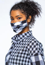 Load image into Gallery viewer, Patterned Plaid Shirt with Matching Face Mask
Stylish women&#39;s plaid shirt with coordinating patterned face mask, featuring a checked design in black, white, and grey tones.