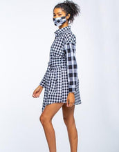 Load image into Gallery viewer, Stylish checkered pattern shirt dress with face mask, casual everyday fashion for women.