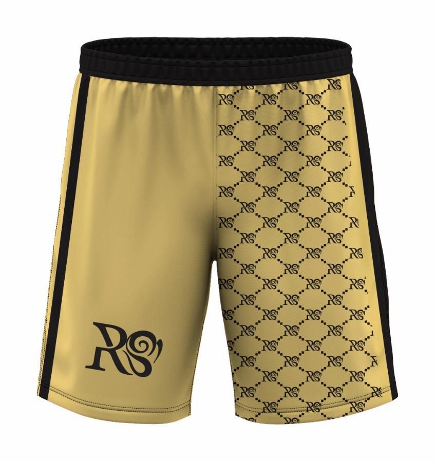 Gold patterned athletic shorts from the White Amphitryon brand, featuring the stylized "R9" logo.