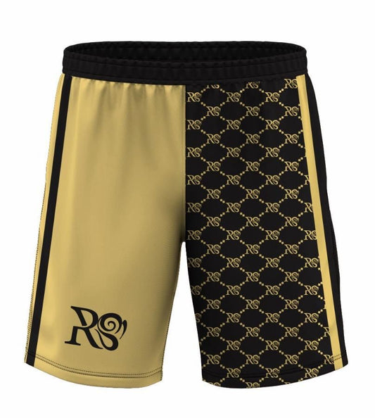 A pair of stylish men's athletic shorts with a gold and black patterned design. The shorts feature the brand logo "RO" prominently displayed. The shorts appear to be made of a lightweight, breathable fabric suitable for sports or casual wear.