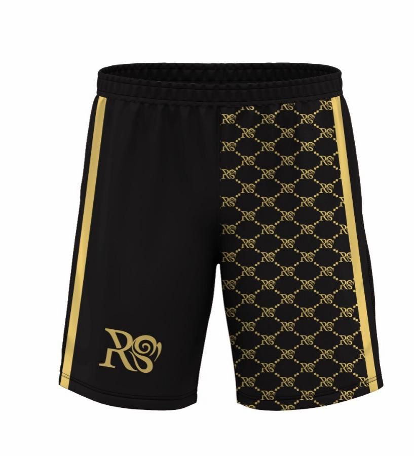 Black and gold patterned athletic shorts with the brand name "Rs" printed on the front.