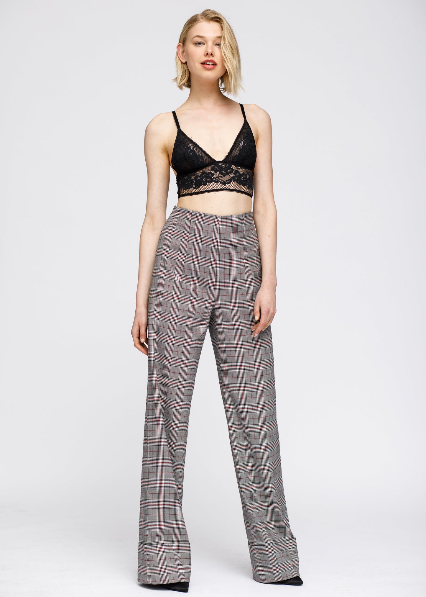 Women's Multi Glen Plaid High Waist Wide Leg Pants In Grey Plaid