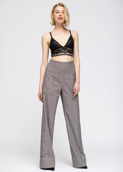 Women's Multi Glen Plaid High Waist Wide Leg Pants In Grey Plaid