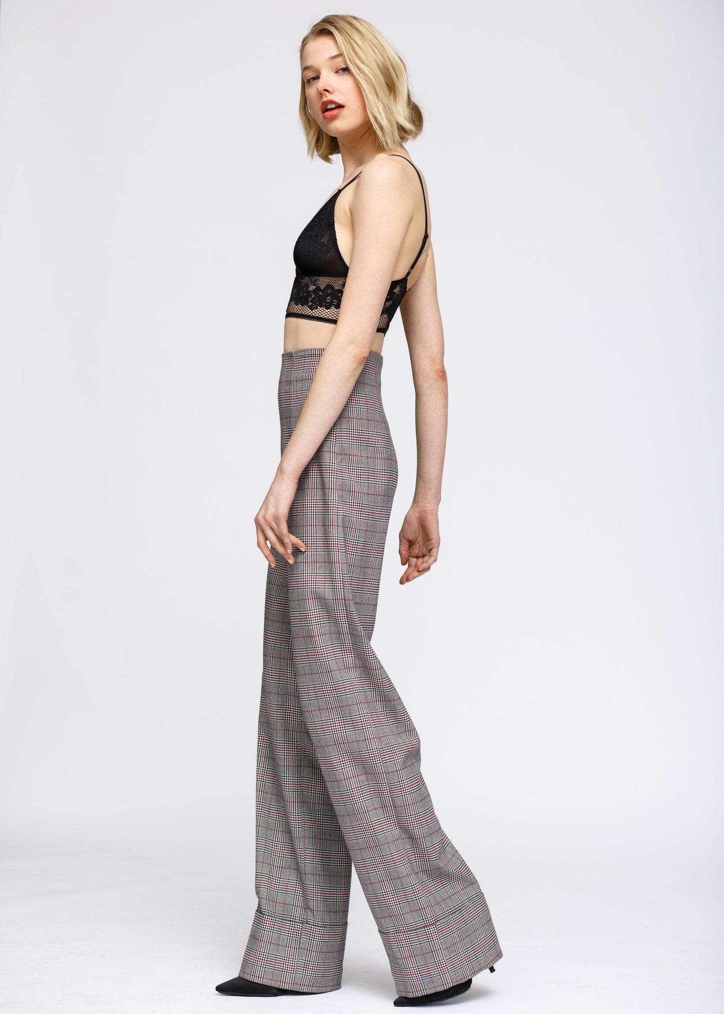 Women's Multi Glen Plaid High Waist Wide Leg Pants In Grey Plaid