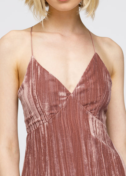 Elegant velvet dress with spaghetti straps and ruffle hem in flattering dusty rose color