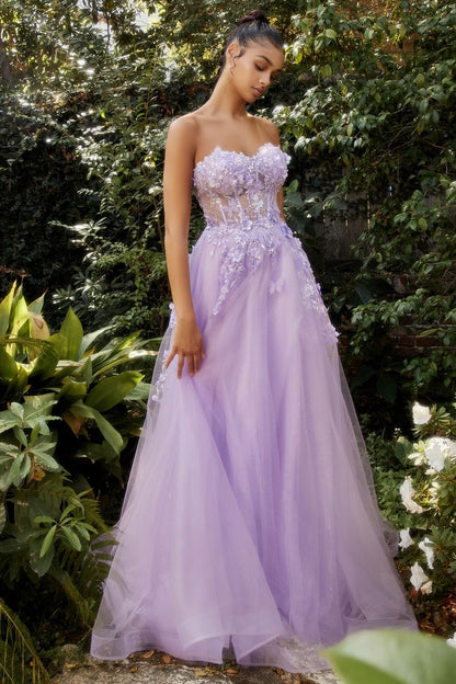 Strapless Floral Sheer Structured Off Shoulder Bodice Puff Sleeves Long Prom & Ball Dress CDA1108