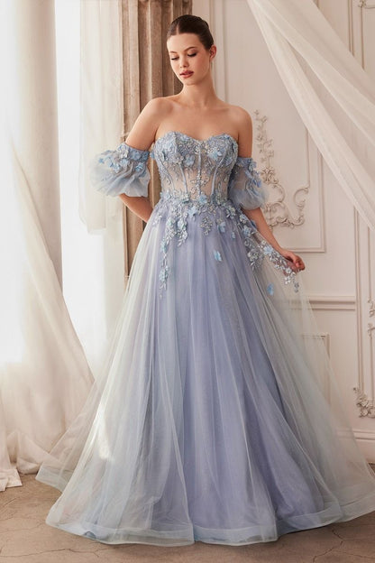 Strapless Floral Sheer Structured Off Shoulder Bodice Puff Sleeves Long Prom & Ball Dress CDA1108