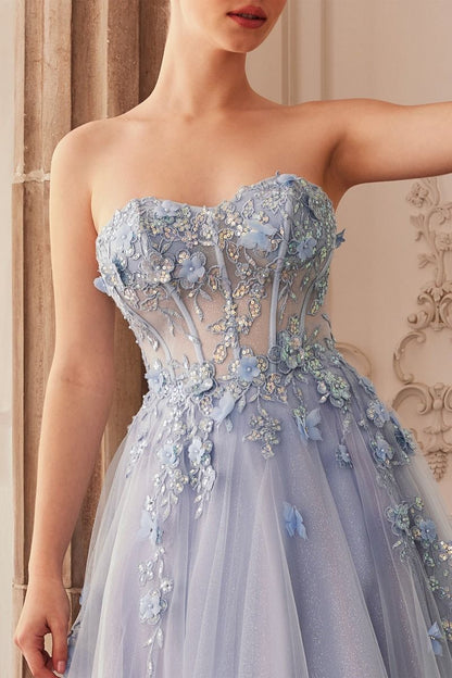 Strapless Floral Sheer Structured Off Shoulder Bodice Puff Sleeves Long Prom & Ball Dress CDA1108