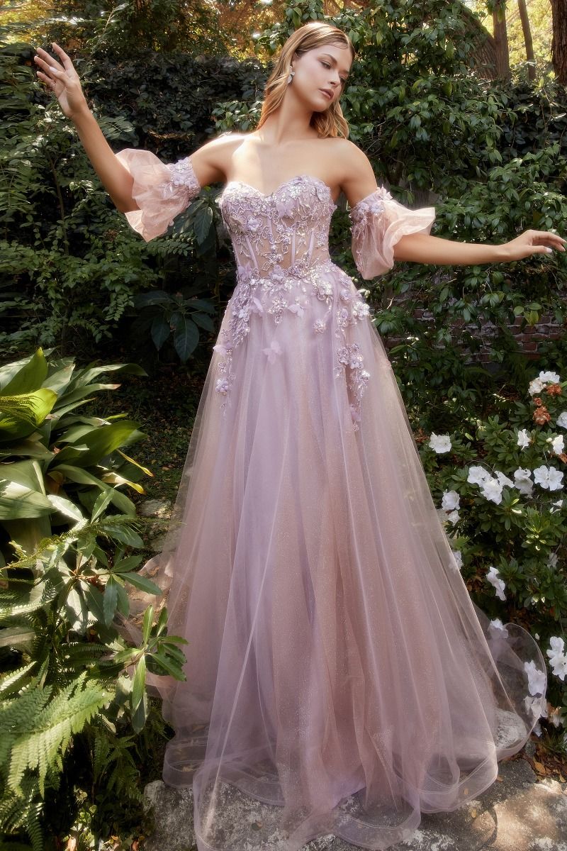 Strapless Floral Sheer Structured Off Shoulder Bodice Puff Sleeves Long Prom & Ball Dress CDA1108