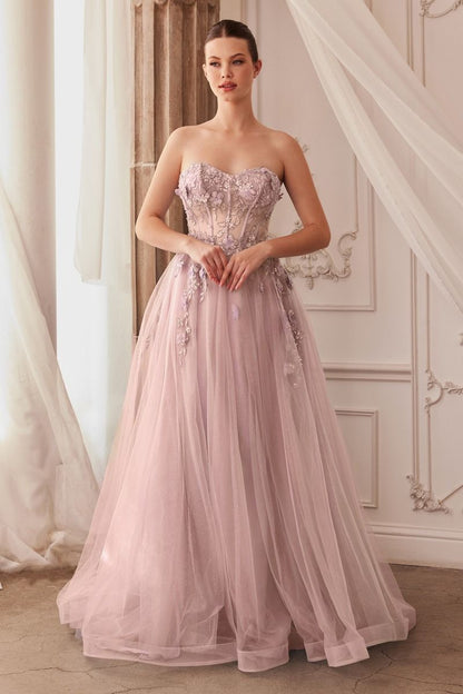 Strapless Floral Sheer Structured Off Shoulder Bodice Puff Sleeves Long Prom & Ball Dress CDA1108