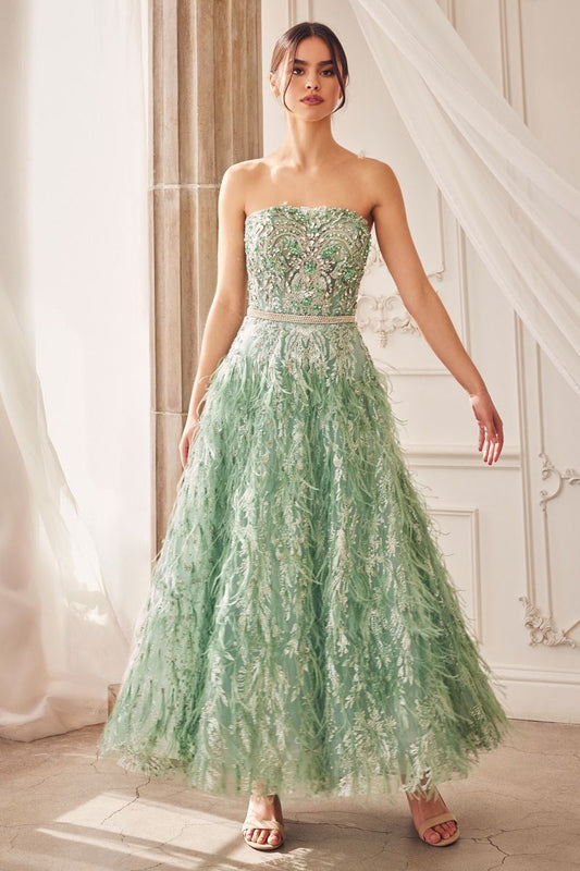 Strapless Feather Skirt Sage Straight Across Tea Length Prom Dress CDA1226