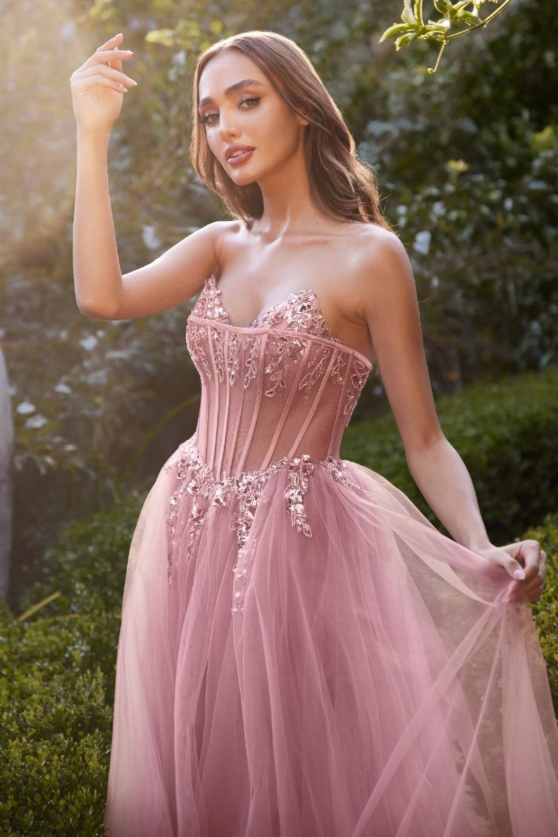 Strapless A-Line Corset Embroidered Bodice Long Prom Dress CDA1267