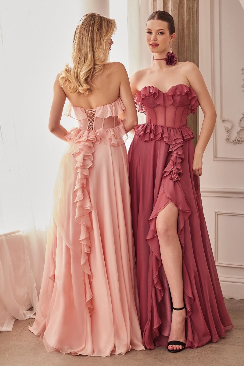 Strapless Chiffon Ruffle A-line Sheer Bodice Long Prom & Bridesmaid Dress CDA1341