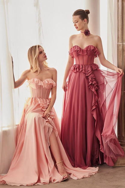 Strapless Chiffon Ruffle A-line Sheer Bodice Long Prom & Bridesmaid Dress CDA1341