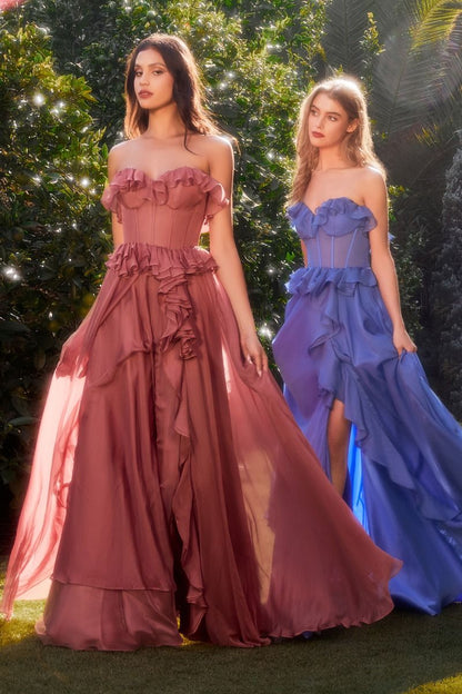 Strapless Chiffon Ruffle A-line Sheer Bodice Long Prom & Bridesmaid Dress CDA1341