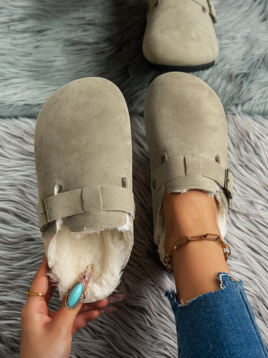 Cozy Suede Round Toe Slippers on Soft Faux Fur Rug