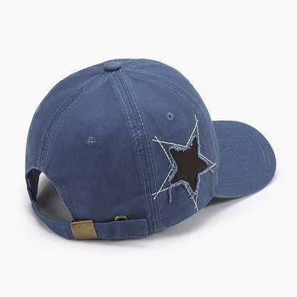 Adjustable star-shaped logo cap in a navy blue color, featuring a distressed aesthetic with raw hemline details.