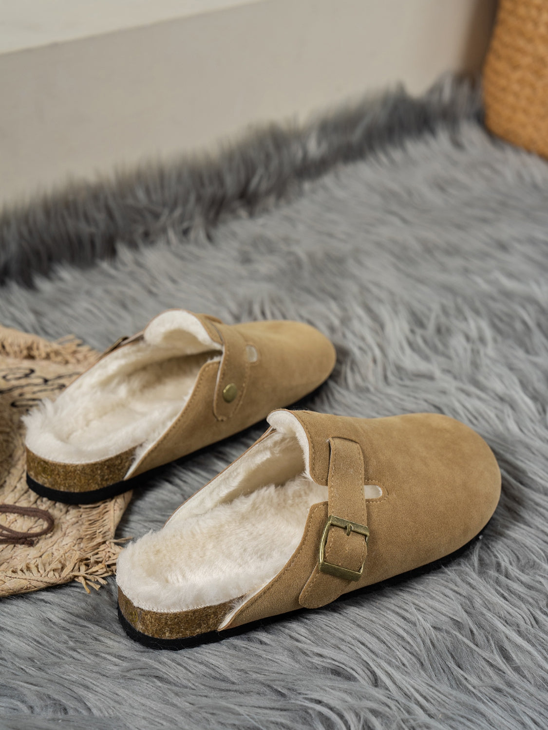 Cozy Suede Round Toe Slippers on Plush Rug