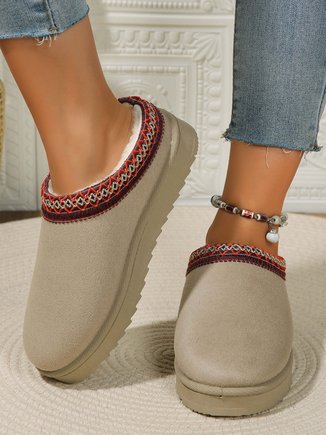 Beige Platform Slippers with Embroidered Tribal Pattern