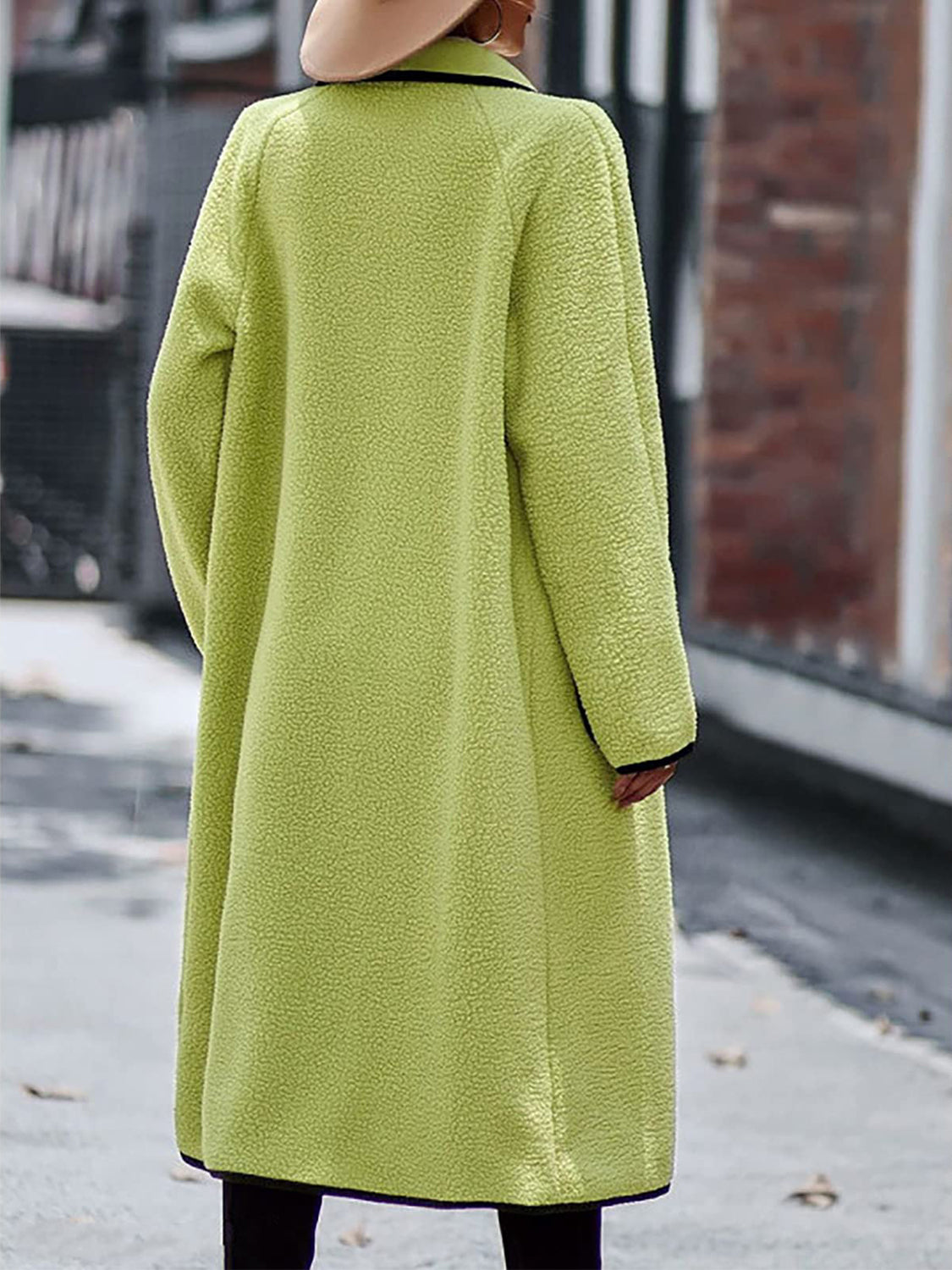 Lime green long sleeve coat with contrast trim and pockets