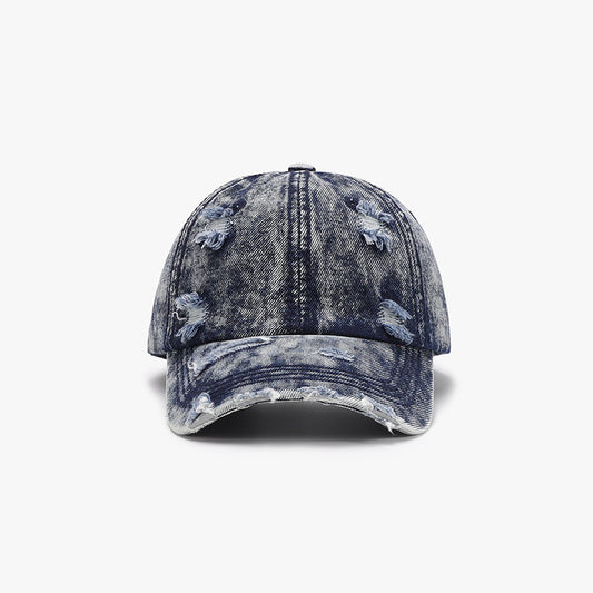 Distressed cotton baseball cap with a gray camo print design